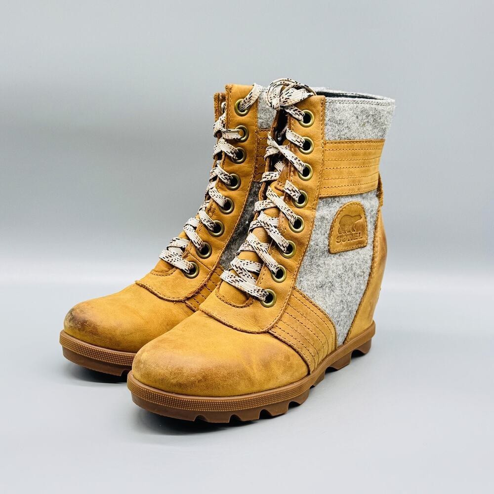 Sorel Boots Womens 7.5 Brown Gray Leather Lexie Lace Up Wedge Round Toe Booties - Picture 4 of 13